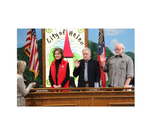 Re-elected Helen City Commissioners Helen Wilkins, Cliff Hood and Steve Fowler take their oaths of office during a special called meeting on Jan. 5 CARLY HENDERSON/WCN
