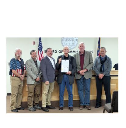 The White County Board of Commissioners proclaimed Feb. 23, 2026, as Darrel Chaney Day during a work session and called meeting Monday night. From left: Commissioner Craig Bryant, Commissioner Shan Ash, Commission Chairman Travis Turner, Darrel Chaney, Commissioner Edwin Nix and Commissioner Lyn Holcomb. SUBMITTED PHOTOS