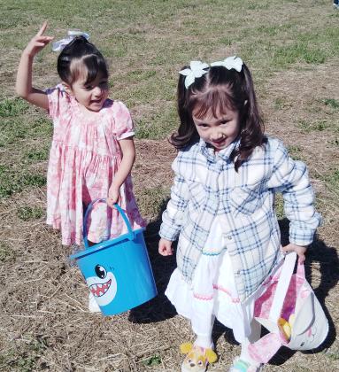 Ariel Vazquez, 3, left, and Debanhi Romero, 4, fill up their baskets during an Easter egg hunt at Skitts Mountain Farms on Saturday.
