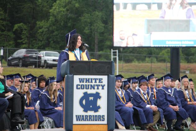 Salutatorian Rose Bannon delivers the salutatory address during the 2026 White County High School graduation ceremony. CARLY HENDERSON/WCN