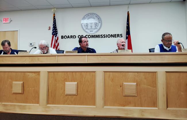 Commissioners met on June 15 to adopt the budget for Fiscal Year 2027. From left are Commissioners Shan Ash and Craig Bryant, Chairman Travis Turner and Commissioners Ed Nix and Lyn Holcomb. DENISE ETHERIDGE/WCN
