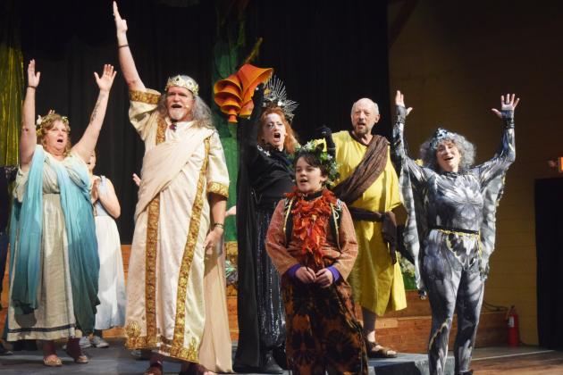 From left are SNC’s “A Midsummer Night’s Dream” actors Elaina Bryant, Steven Glude, Melodie Spevack, Fletcher Nonnemaker, Josh Peck and Kiki Lee, shouting “Huzzah!” DENISE ETHERIDGE/WCN