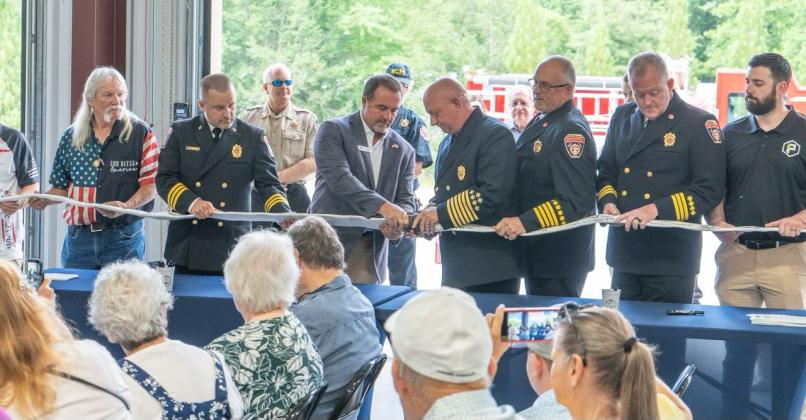 The county held a decoupling ceremony on June 11 for the opening of Fire Station No. 9. From left: White County Commissioner Craig Bryant, Assistant Fire Chief Josh Taylor, Chairman Travis Turner, Public Safety Director David Murphy, Deputy Chief Terry Sosebee, Assistant Chief Seth Weaver and Dylan Lee with Precision United. SUBMITTED PHOTO