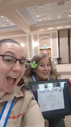 Jessica Barnett, left, and Michele Quintal smile for a selfie after Quintal received the Silver Beaver Award at the Boy Scouts of America Northeast Georgia Council’s Council Recognition Ceremony. SUBMITTED PHOTO