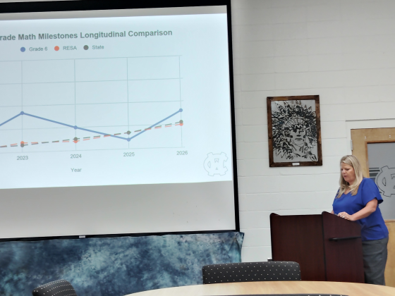 White County School System Director of Secondary Education Cindy Free presents Milestones Assessment scores to the school board Tuesday morning. DENISE ETHERIDGE/WCN