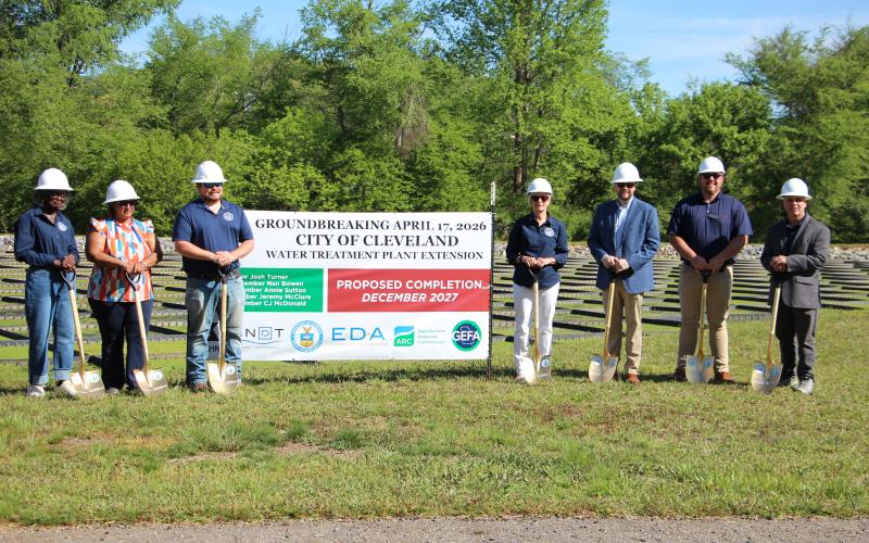 Cleveland City Council members and representatives of PE RINDT and M.B. Kahn Waterworks break ground on the City of Cleveland Wastewater Treatment Plant expansion on April 17 at the plant site on Claude Sims Road. CARLY HENDERSON/WCN