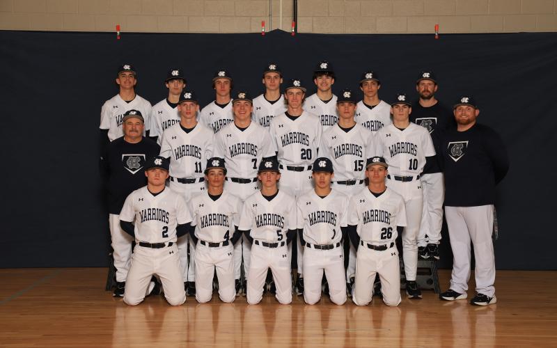 Members of the Warriors' baseball team are, front from left, Cooper Garrett, Jonah Cash, Max Adams,  Carter Nguyen and Wes Summers; middle row, Head Coach Jim Waits, Jackson Krilla, Alex Freeman, Josiah Padgett, Wyatt Powell, Noah Thomas and Coach Brett Westmoreland; back row, Sawyer Gailey, Wes Jones, Josh Adams, Braydon Vogh, Reese McGuire, Eppi Rodriguez and Coach Erich Stahl. Not shown are Lane Bray, Weaver Bartlett, Ben Greene and Aaron Payne.