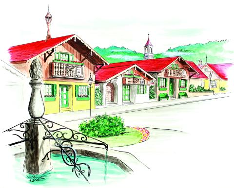 This sketch by the late artist John Kollock depicts Alpine Helen as it is today.