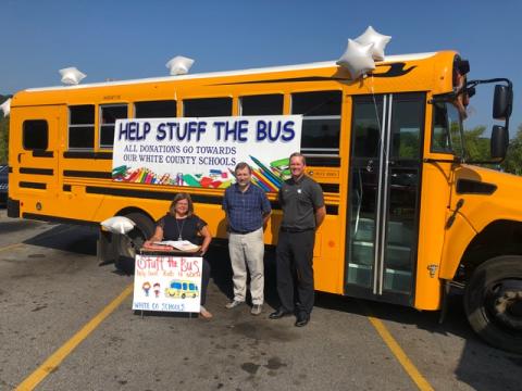 White County School System bus driver, Jack Haas, alongside the transportation department, organized a “Help Stuff the Bus” school supply drive. If you would like to donate, please stop by the bus in the Wal-Mart parking lot between now and Monday, Aug. 5. Pictured are superintendent Dr. Laurie Burkett, transportation director Darren Sledge, and assistant superintendent Scott Justus.