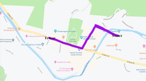 The Oktoberfest parade starts at noon on Edelweiss Strasse near the Helen Festhalle, before turning left onto Chattahoochee Strasse, then a right onto Main Street and into the heart of downtown Helen. The parade will end around Betty’s Country Store. (Map base courtesy Google Maps)