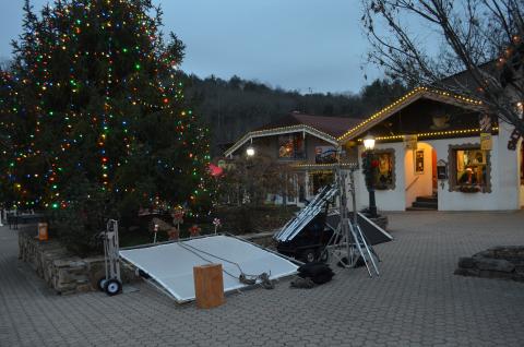 Film crew equipment was set up in the marketplatz in downtown Helen on Thursday, Dec. 12. (Photo/Stephanie Hill)