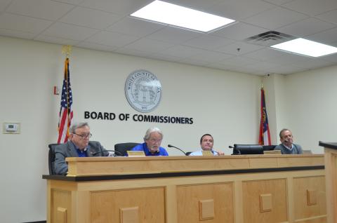 County Commissioners – from left, Terry Goodger, Craig Bryant, Travis Turner and Lyn Holcomb – discuss the outline for establishing a Board of Elections and Registration. Commissioner Edwin Nix was absent. (Photo/Wayne Hardy)