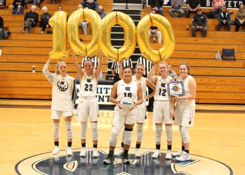 White County High school junior Dasha Cannon, No. 10, recently passed the 1,000-point plateau for her high school career. Cannon was recognized for the achievement followng the Lady Warriors' win over Denmark last Friday night in Cleveland. Shown with Cannon are, from left, Naomi Crumley, Rachel Lovell, Ellie Gearing, Bentley Cronic, and Maddie Futch. (Photo/Staci Sulhoff)