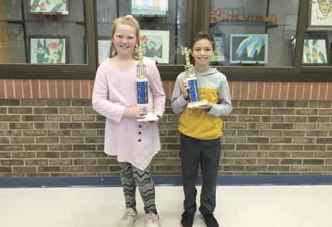 Fifth-grader Alli Daves, left, of Mossy Creek Elementary School, won the system-wide school Spelling Bee out of a field of 84 students. Brayden Gerrell, a fourth-grader also at MCES, was the runner-up. (Submitted photo)