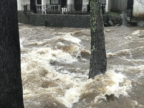 The Chattahoochee River in Helen was raging earlier today. A flood warning has been issued until 7:45 p.m. (Photo/Stephanie Hill)