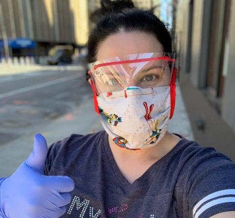 Franklin County native and nurse Joanna Davis Malcom is pictured during her recent mission to New York City to help the city’s overwhelmed hospital system during the coronvirus pandemic. Malcom is wearing a shirt made for her by Franklin County’s Paula Tyner.