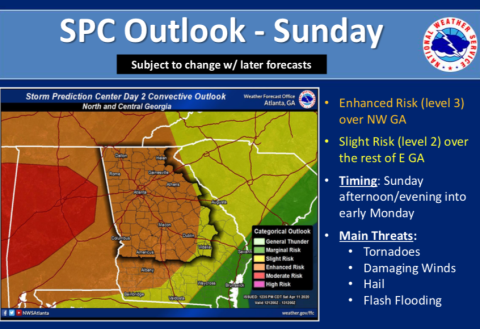 There is a chance for severe weather Sunday into Monday morning. (Image courtesy of National Weather Service)