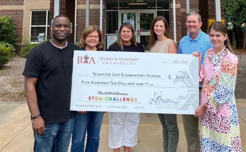 Pictured are Tesnatee Gap Elementary School  Principal Dr. Octavius Mulligan, White County School System  Superintendent Dr. Laurie Burkett, TGES Assistant Principal Diedre Alexander, Director of Student Acountability Jennifer King, Assistant Superintendent Scott Justus, and Marketing Director at Breaux & Associates  Besty Mellott, holding the check TGES received for coming in 5th place. (Submitted photo)
