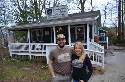 Ben and Betsy Dockins, shown outside Sweetwater Coffeehouse in February, became owners of the business in 2017 and have operated it during the shop’s 25th anniversary in spring. (Photo/Wayne Hardy)
