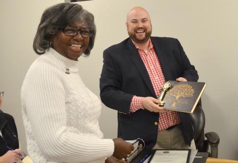 Longtime Cleveland city councilwoman Annie Sutton was honored during a Dec. 7 reception, including by a proclamation presented by Mayor Josh Turner. (Photo/Stephanie Hill)