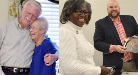 At left, Sheriff Sheriff Neal Walden hugs his wife, Pam. (Photo/Wayne Hardy) At right, Longtime Cleveland city councilwoman Annie Sutton was honored during a Dec. 7 reception, including by a proclamation presented by Mayor Josh Turner. (Photo/Stephanie Hill)