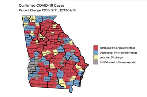 This Georgia Department of Public Health map shows counties in red that have seen a greater than 5% increase in confirmed COVID-19 cases from the week of Dec. 5-11 to Dec. 12-18. White County is among them amid rising case counts in recent weeks.