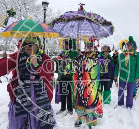 In 2020, the Fasching participants didn’t let the several inches of snow stop them as they made their way through town during the sidewalk parade. (Photo/Stephanie Hill)