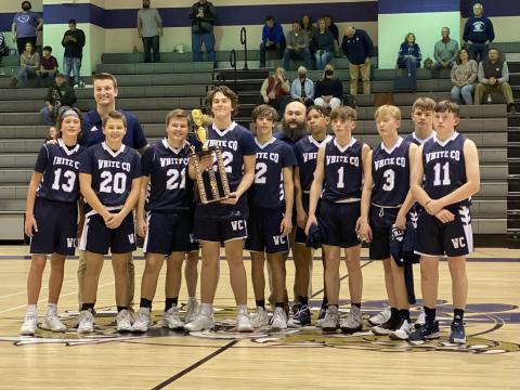 The WCMS eighth-grade boy's basketball team shows off the runner-up trophy following the championship game last Friday at Clear Creek Middle School in Gilmer County. (Photo/Shelton Sweets)