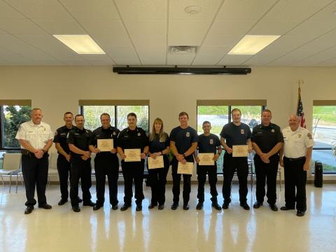 Pictured left to right --   Chief Seth Weaver, Training Officer Lanier Swafford, Captain Josh Taylor, FF Jordan LeFevre, FF Jackson Cantrell, VFF Linda Crossman, VFF Alex Staton, VFF Cole Sheriff, VFF Mason Long, FF Shad Sosebee, and Director David Murphy.  (Not pictured, FF Austin Barnett, and VFF Steven Seabolt.) Picture by FF Mike LeFevre