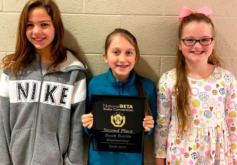 Rachel Anne Godfrey, Harper Murphey, and Audrey Whitaker took home 2nd place in book battle. (Submitted photo)