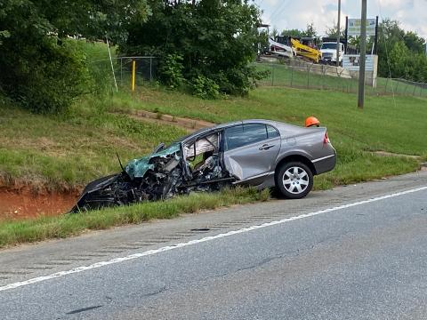 A 2009 Honda Civic driven by Jordan Alexander, 21, of Cleveland, was damaged after hitting a 2017 Freightliner tractor-trailer. (Photo/Stephanie Hill)