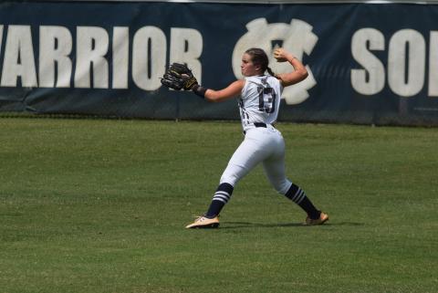 Gabby Whiddon makes a throw from centerfield during the Lady Warriors' win over Rabun County last Saturday afternoon in Cleveland. (Photo/Mark Turner)