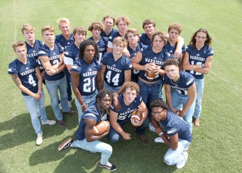 Warrior seniors are, front from left, Silas Mulligan, Alex Garcia, and Zion McMullen; second row, Tavis Simmoms, Ashton Pickett, Alex Thornton, and Malachi Zellars; back row, Riley Turner, Jackson Autry, Bryson Cronic, Jay Grice, Hunter Williams, Billy Carder, Howie Douglas, Teddy Strange, Nick Helms, Cameron Godfrey, Chase Collier, and Caden Pinson. (Photo/Staci Sulhoff)