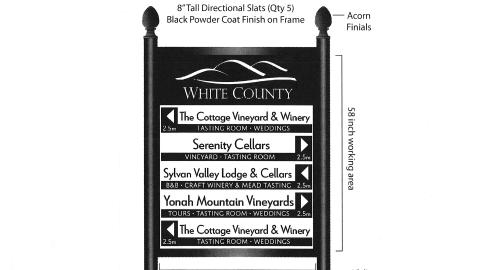 This image shows an example of planned directional signage that would highlight destinations in White County, such as vineyards in the above example. 