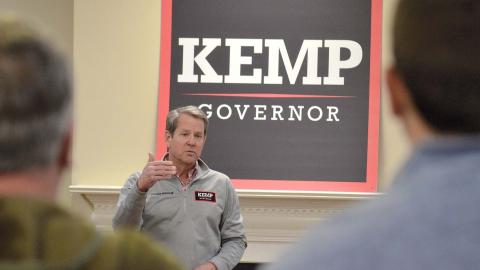 Gov. Brian Kemp speaks Feb. 18 at a meet-and-greet campaign stop in Cleveland. (Photos/Wayne Hardy)