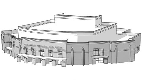 This illustration by Breaux & Associates Architects shows a preliminary exterior design for a planned performing arts center to be constructed on the White County High School campus. (Courtesy White County School System)