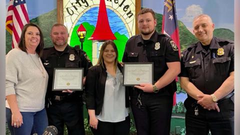 From left are Sergeant Aaron Autry and wife Becky, Officer Graylon Bryson and fiancé Tamera Jackson, and Interim Police Chief John Albino (Submitted Photo)
