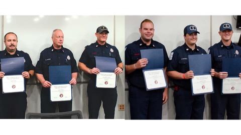 On the left, Tommy Steen, Steve Hopper, and AJ Staton were able to save a victim from a gun shot wound and were awarded for their efforts. the right, Shad Sosebee, Jackson Cantrell, and Austin Brown saved a patient from succumbing to an over dose and were honored at the White County Public Safety Offices.