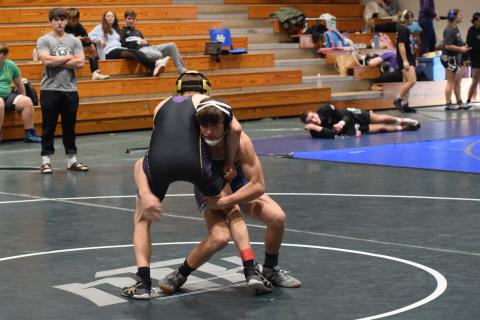 Cayden Autry won the 132-pound division at the Viking Invitational last week at East Hall High School. (Photo/Mark Turner)
