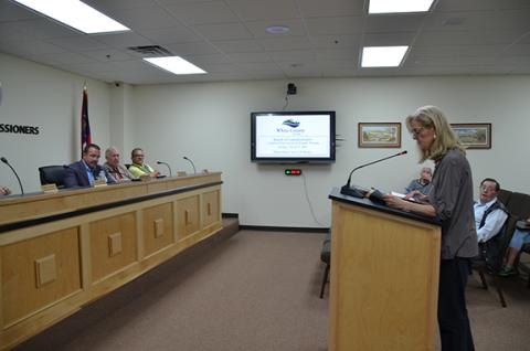 Teresa Stansel reads a “Petition to deny or otherwise void short-term rental applications, conditional-use permits and business tax licenses” at the White County Board of Commissioners meeting March 27. (Photo/Linda Erbele)