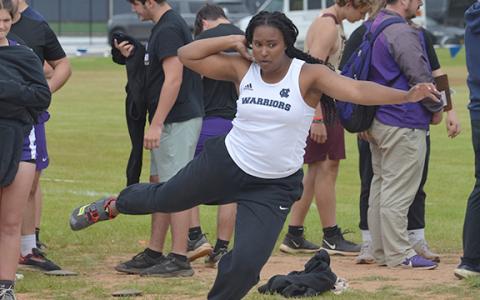 The White County High School track teams, including Rusty Dye (above), got off to a great start on the opening day of the Region 7-AAA meet Tuesday at Warrior Stadium in Cleveland. Both the girls and boys teams opened up double-digit leads in the team competition and have a chance to secure region titles today during the running finals. (Photo/Mark Turner) 