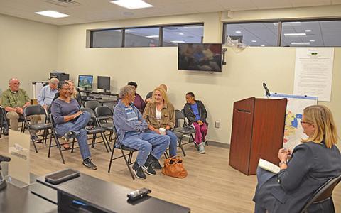 Cleveland city council person Rebecca Yardley (right) listens to citizens. (Photo/Linda Erbele)