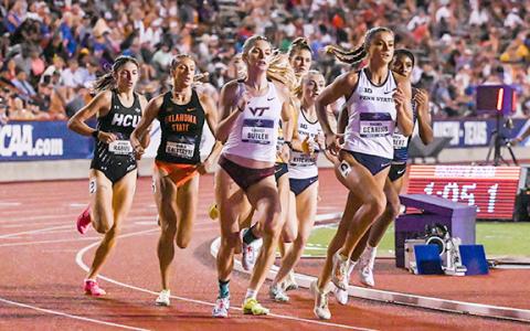 Penn State's Rachel Gearing leads a pack of runners around the track during an 800-meter preliminary heat race at the NCAA Outdoor Track & Field Championships last week in Austin, Texas. Gearing finished with the 15th best time to earn Second Team All-American honors. (Photo/Penn State Athletics)