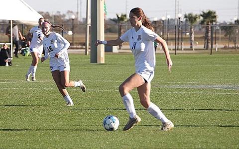Isabella Hodson, No. 14, and Eliska Dvorakova lead the Lady Bears' attack down the field during the NAIA Sweet 16 game Tuesday in Foley, Ala. (Photo/TMU Athletics)