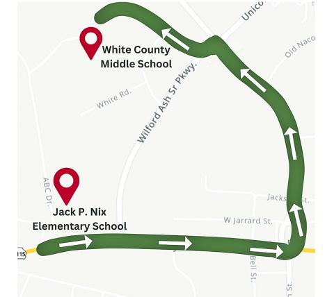 The parade route starts at Jack P. Nix Elementary and ends at White County Middle School.