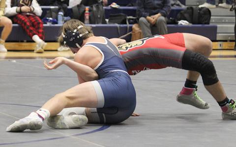 Davin Lightsey, shown during a recent home match, finished third in the 138-pound division at the Panther Invitational. (Photo/Eli Shoemake)