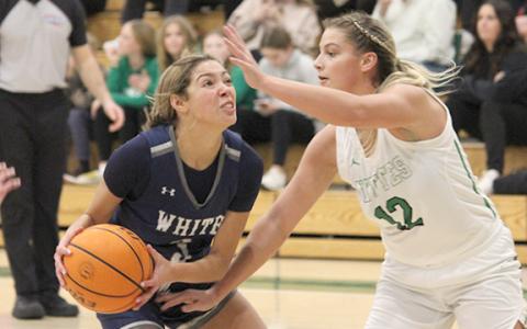 Aaliyah Anderson, left, works in the lane against Pickens' Isabella Hopkins during the region showdown Tuesday night in Jasper. (Photo/Mark Turner)