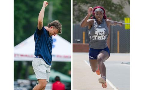 Peyton Shedd, left, celebrates after making a birdie on the final hole at the NAIA Championships in Dalton. Shedd finished fourth in the national tournament. Myesha Hall, right, finished seventh in the long jump during the NAIA Championships in Marion, Ind. Hall earned All-American honors for the third consecutive year.  (Photos/TMU Athletics)