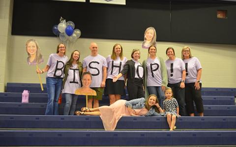 Teacher of the Year Caroline Bishop (with Gwen Bishop) poses in front of her personal cheering squad — Jodie Watkins, Shanna Walker, Chris Jenkins, Misty Burton, Millie Edwards, Paige Everett, Kensley Vandiver and Tina Vandiver — prior to the ceremony. (Photo/Samantha Sinclair)