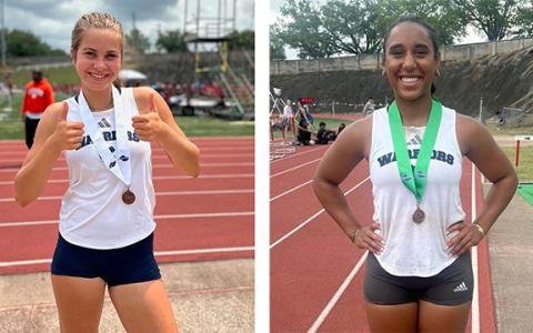 Tallulah Shack (left) finished third in the Class AAA girl's pole vault competition. Yvonne Minutello was fifth in the state shot put event. (Photos/WCHS Athletics)